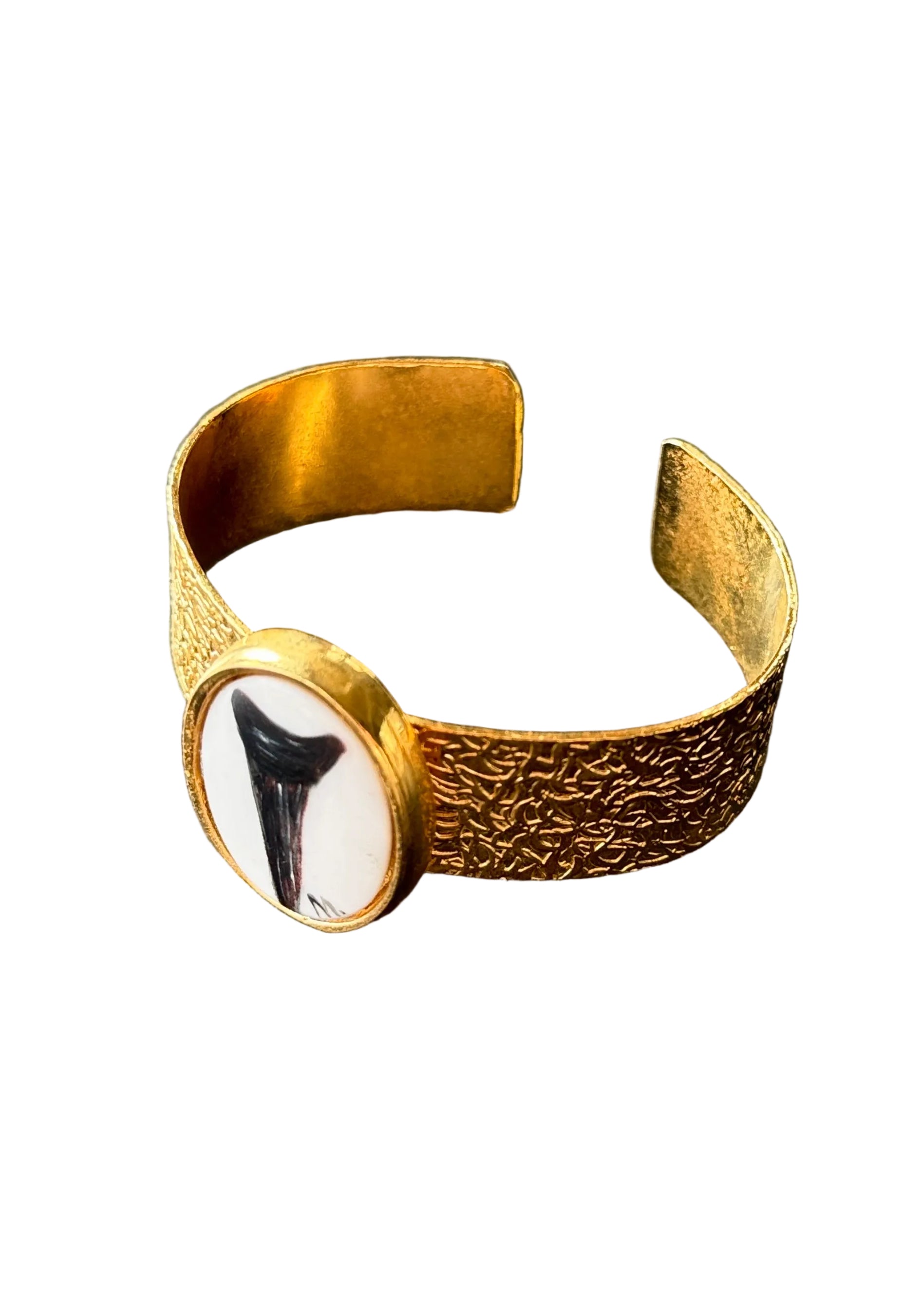 Shark Tooth Painted on a Porcelain Pendant Gold Plated Cuff Bracelet