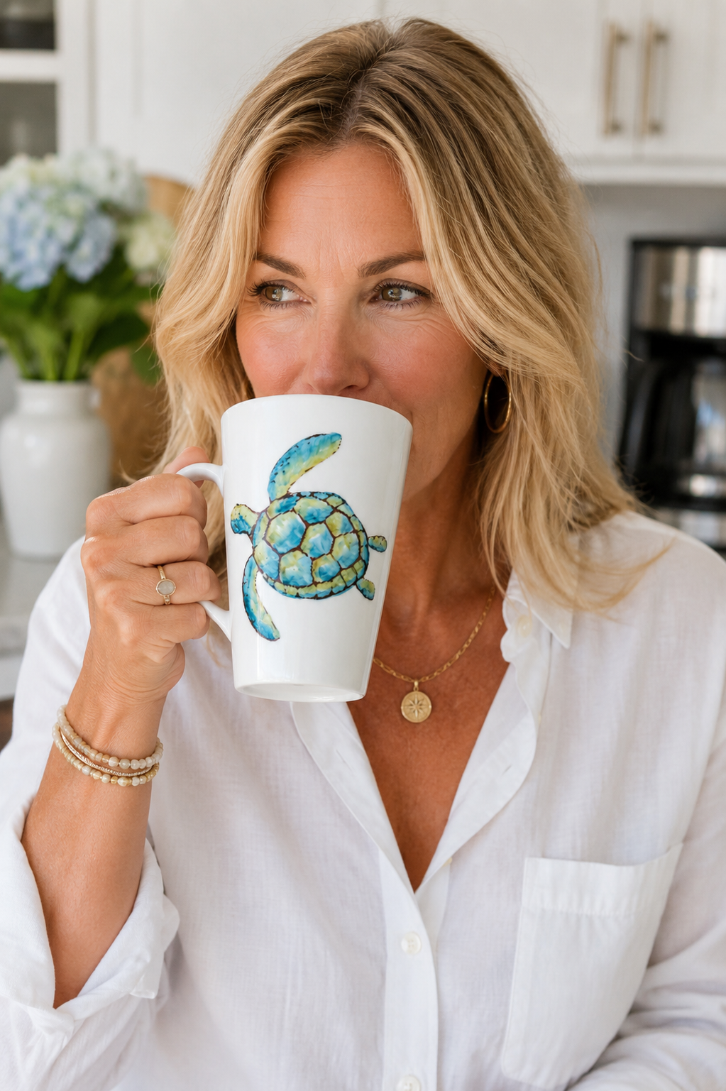 Hand-Painted Sea Turtle Porcelain Latte Mug | Coastal Coffee Cup | Ocean-Inspired