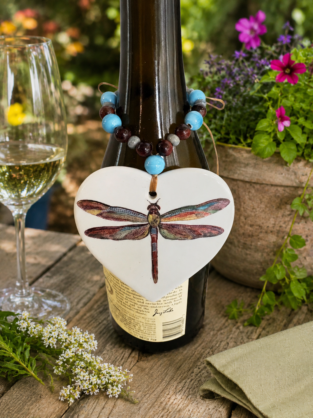 Dragonfly Garden Wine Bottle Tag – Hand Painted Porcelain Beverage Charm by MadebyMonaH