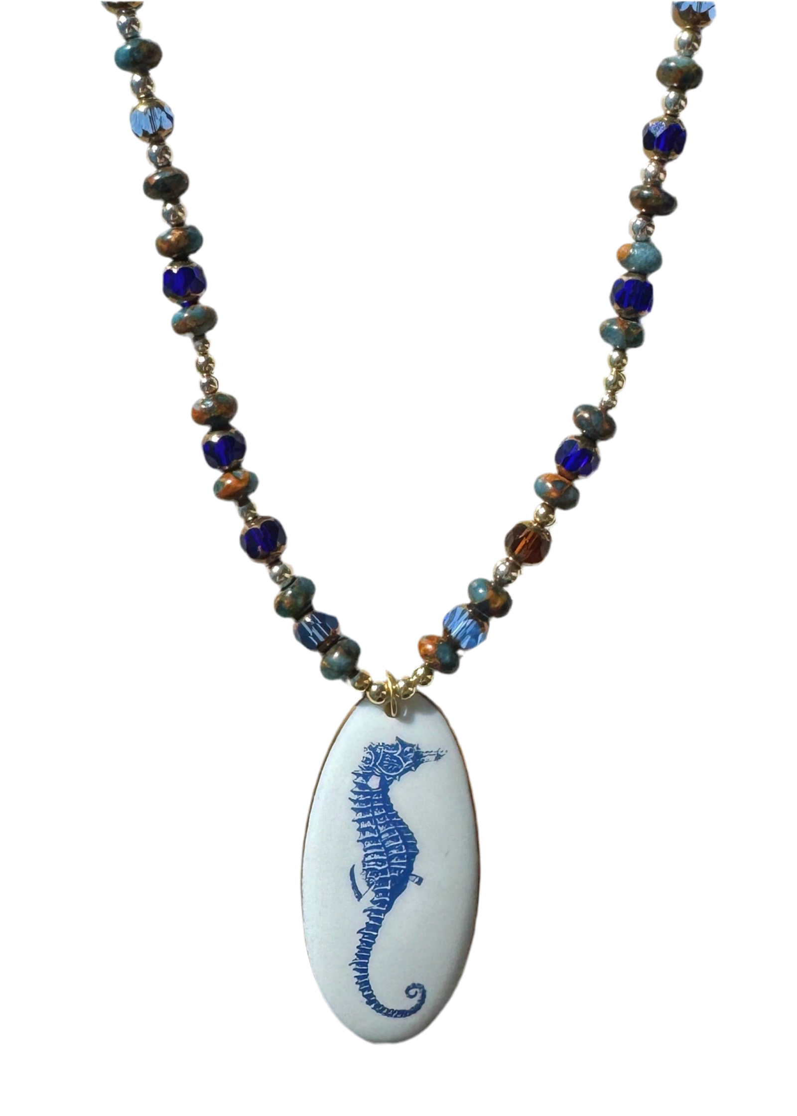 Seahorse Oval Porcelain Pendant Beaded Necklace Coastal Lover Jewelry