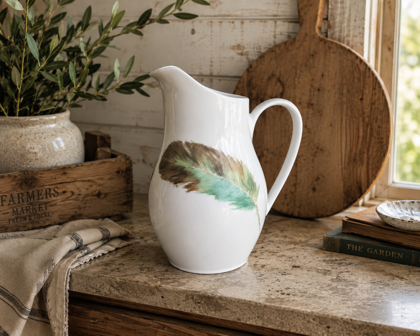 Hand-Painted Feather Porcelain Pitcher – Rustic Farmhouse Serving & Decorative Vase