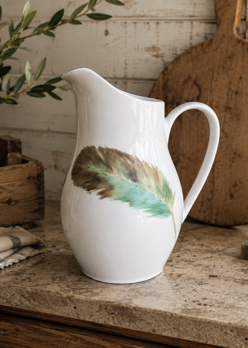 Hand-Painted Feather Porcelain Pitcher – Rustic Farmhouse Serving & Decorative Vase