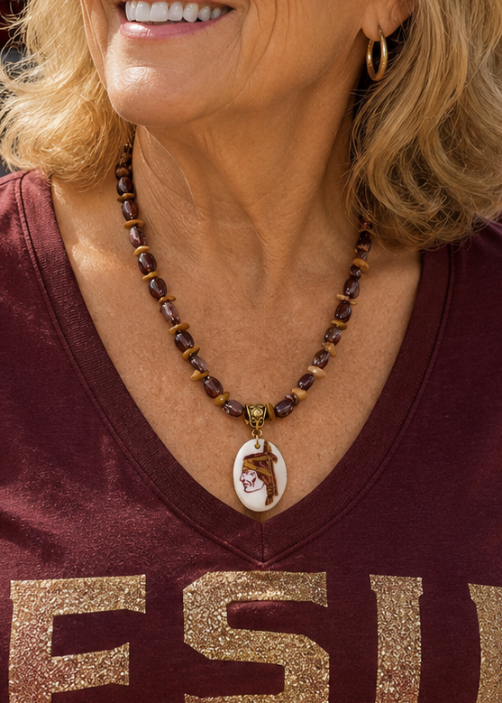 Seminole Heritage Porcelain Pendant Necklace – Hand-Painted Game Day Elegance