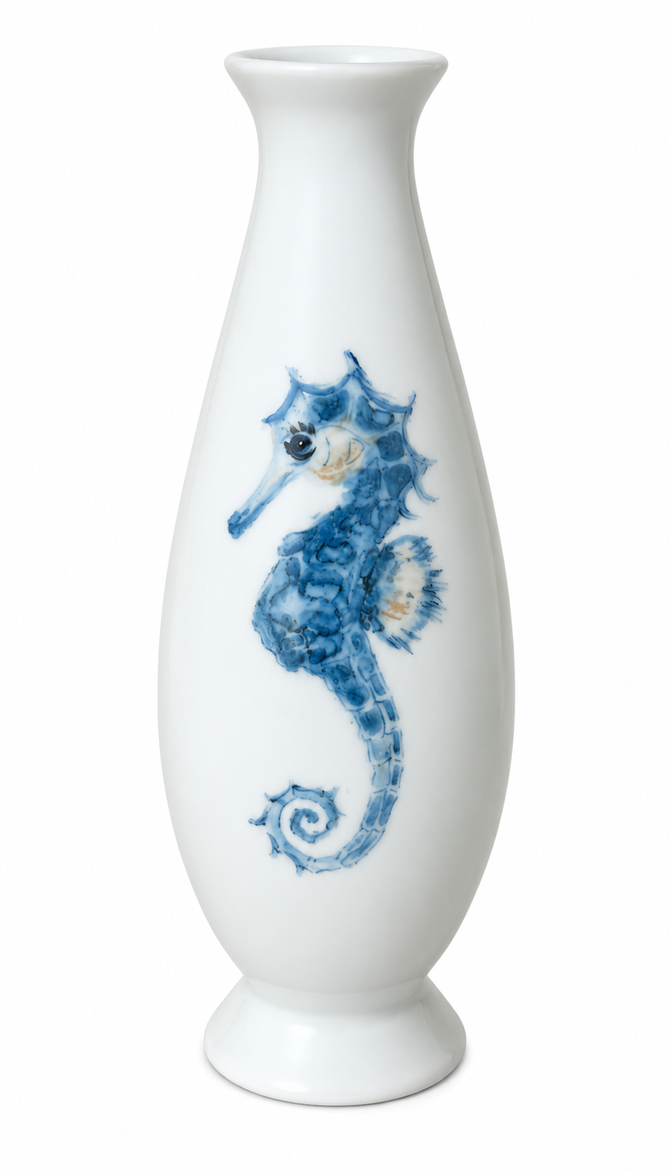 Hand-Painted Blue Seahorse Porcelain Bud Vase