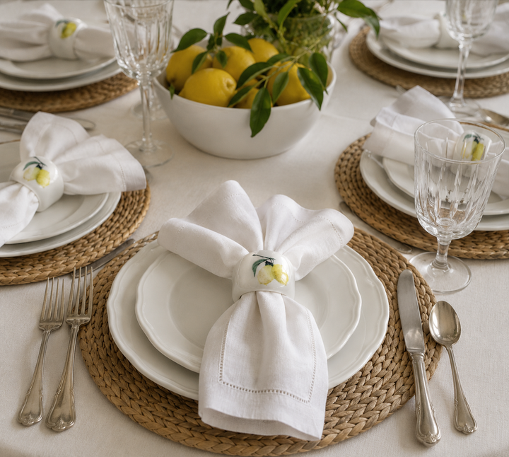 Hand-Painted Porcelain Lemon Napkin Rings – Elegant Citrus Table Setting | Made by MonaH
