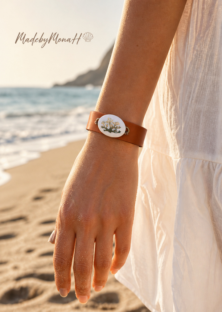 Coastal Coral Pendant on a Leather Wrap Bracelet