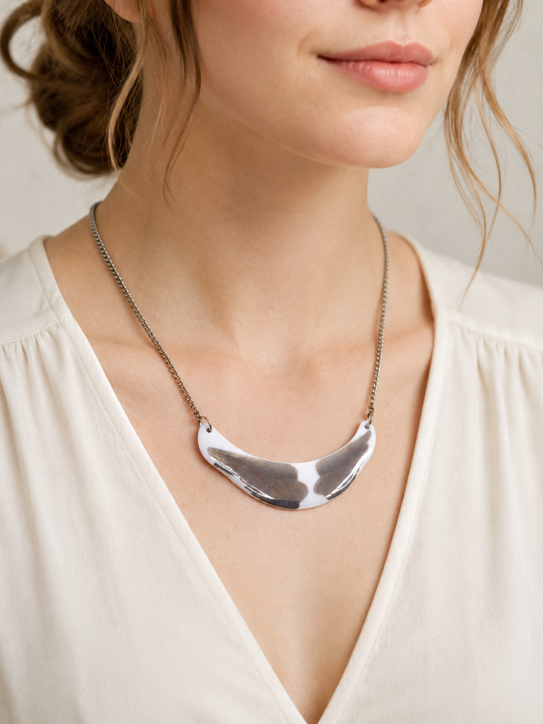 Hand-Painted Platinum Angel Wings Porcelain Pendant Necklace | MadebyMonaH