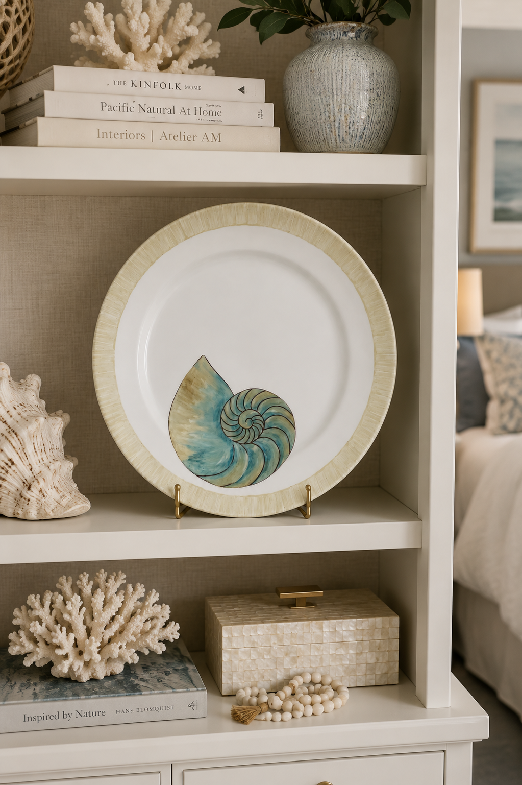 Hand-Painted Nautilus Shell Platter Styled in an Elegant Coastal Master Suite