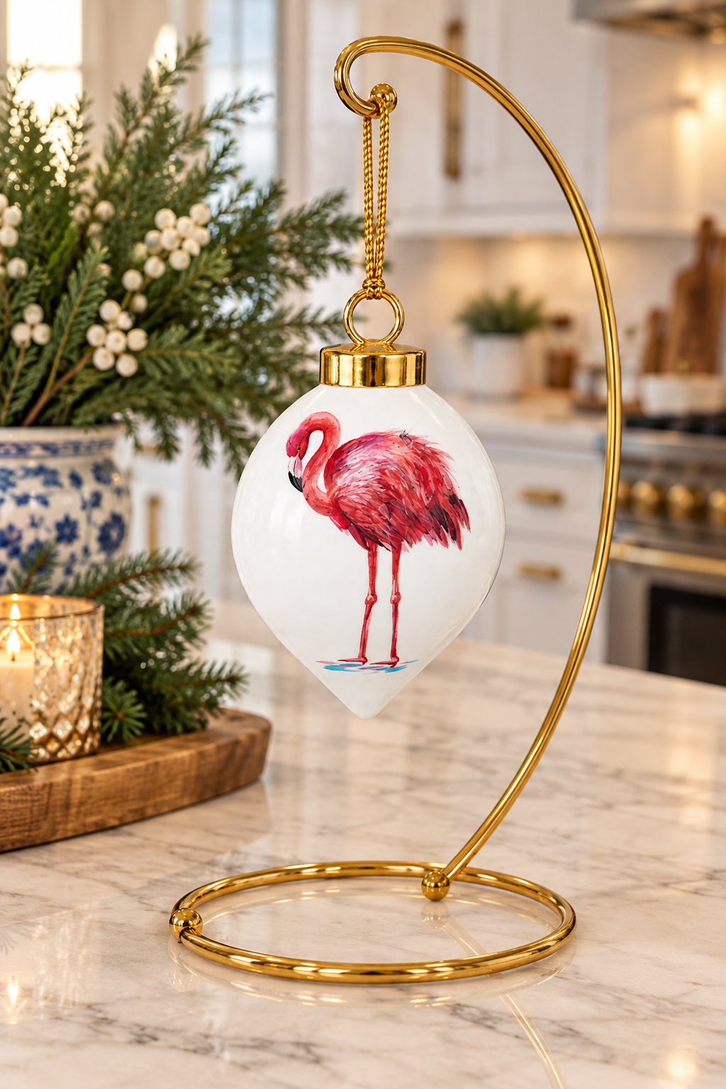 Hand-Painted Pink Flamingo Teardrop Porcelain Christmas Ornament