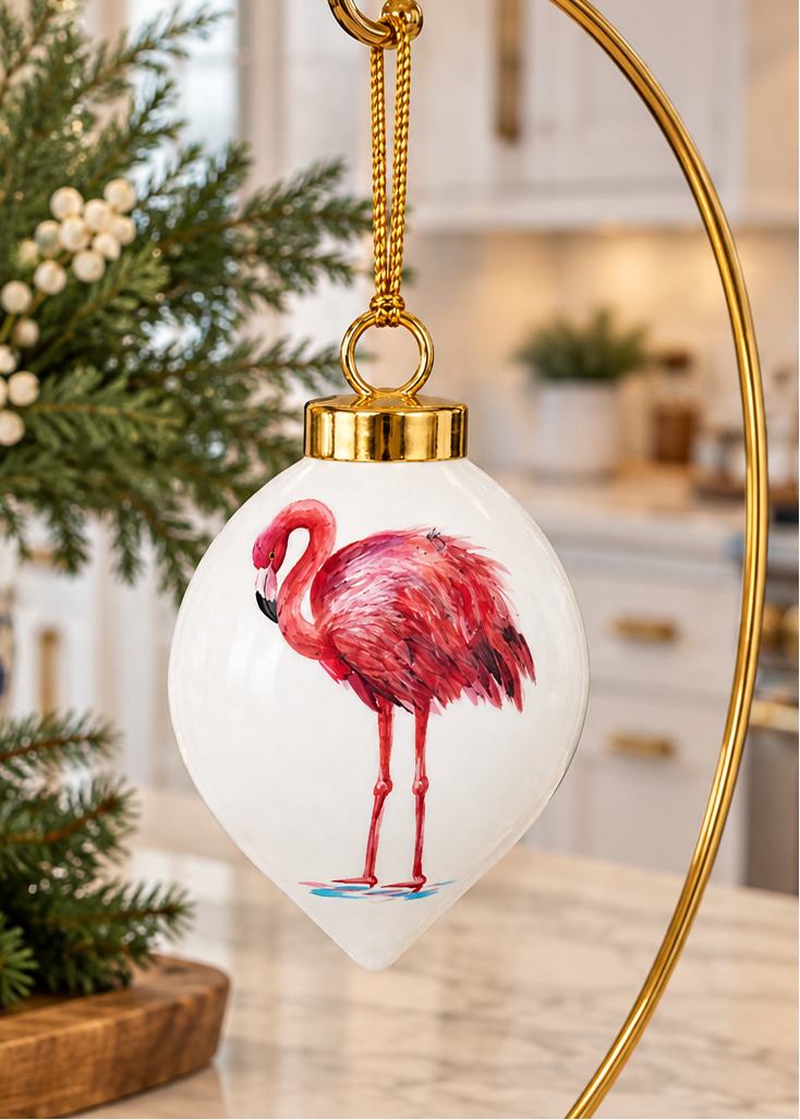 Hand-Painted Pink Flamingo Teardrop Porcelain Christmas Ornament