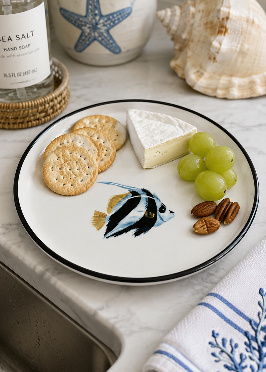 Facing Right Coastal Tropical Hand Painted Moorish Fish Appetizer Serving Plate