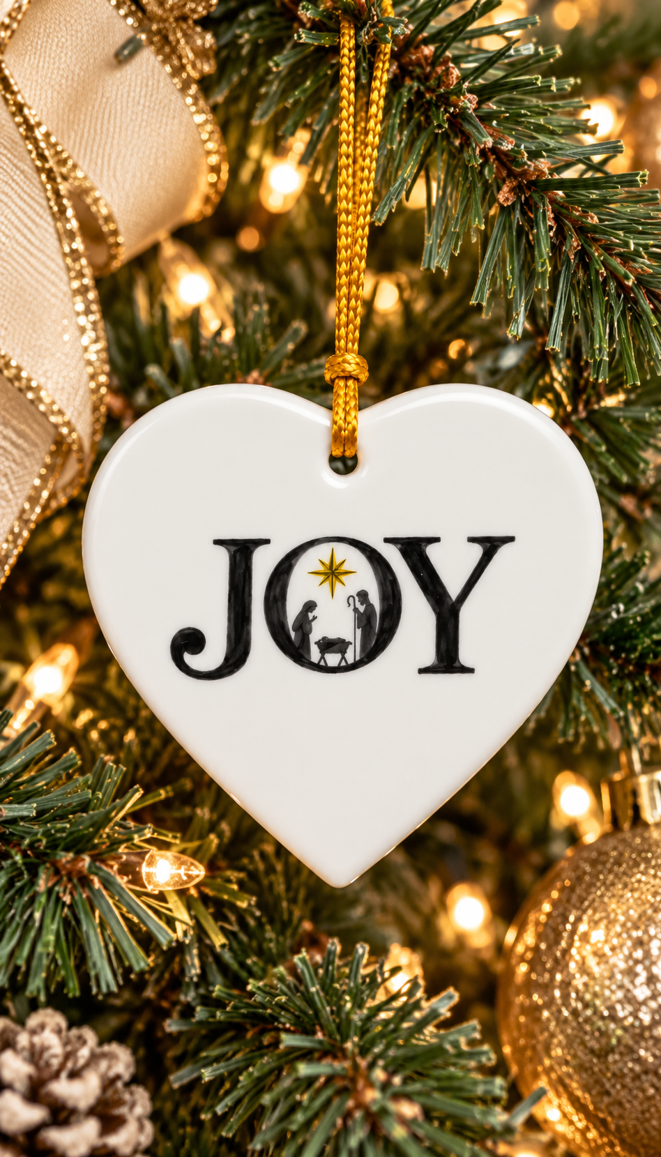 Hand-Painted Joy Nativity Porcelain Heart Christmas Ornament