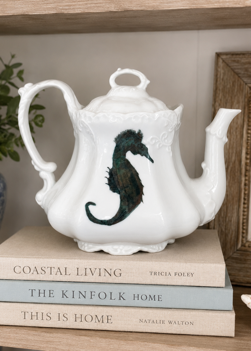 Hand-Painted Seahorse Porcelain Teapot – Elegant Coastal Tea Server