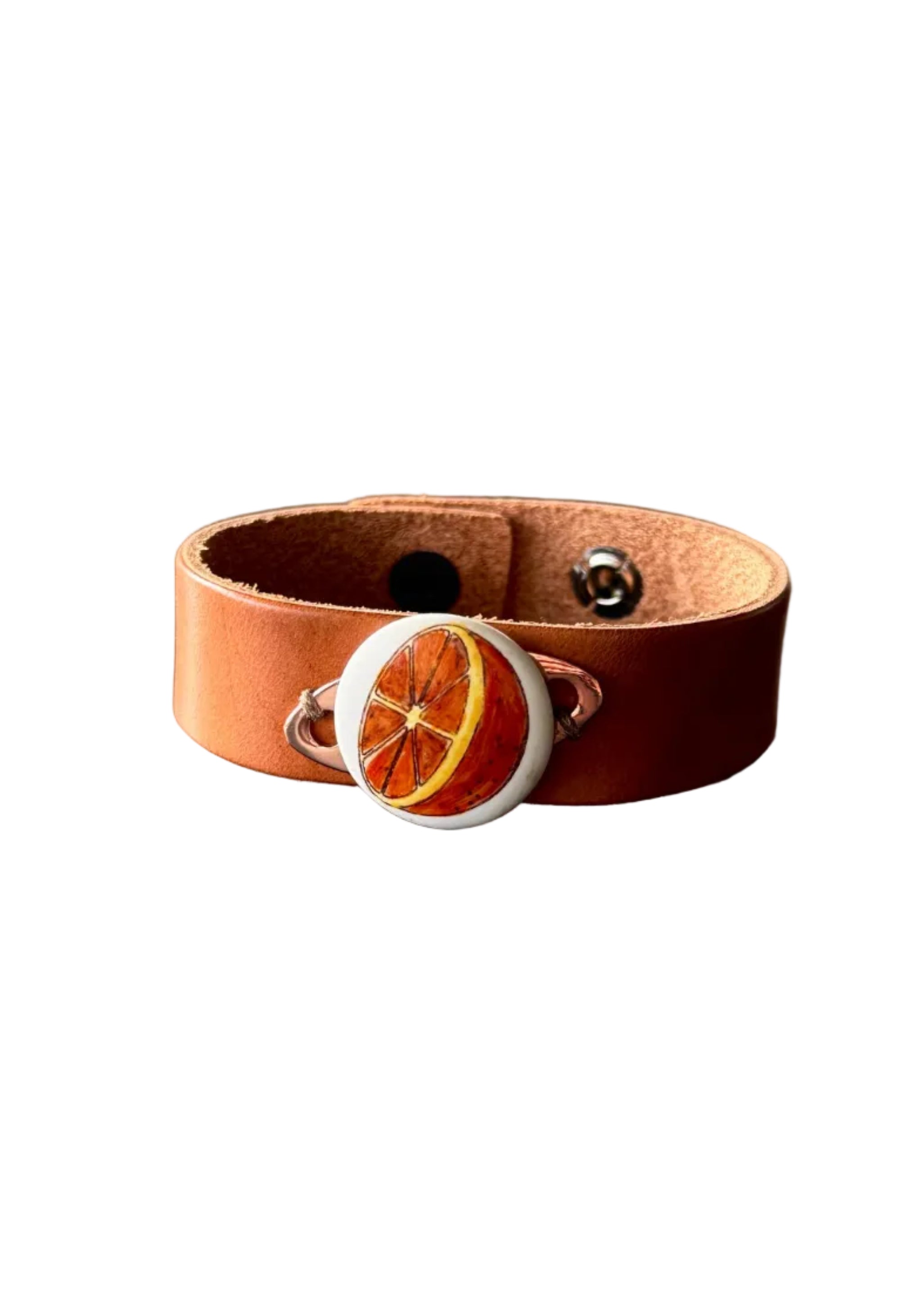 Orange Slice Porcelain Pendant Leather Wrap Bracelet