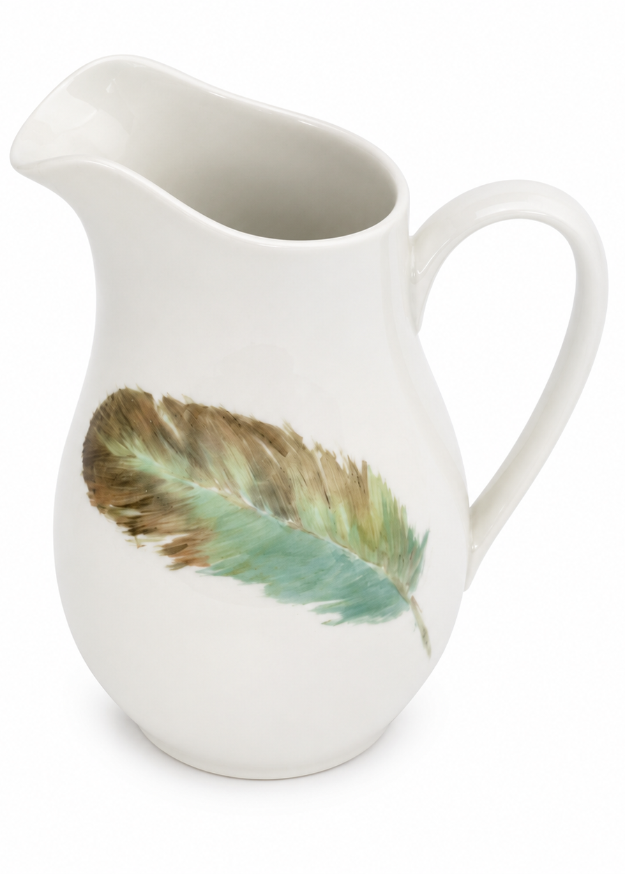 Hand-Painted Feather Porcelain Pitcher – Rustic Farmhouse Serving & Decorative Vase