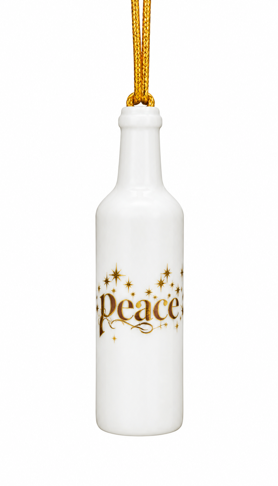 White Porcelain 3.25" Wine Bottle Ornament With The Word Peace Gold