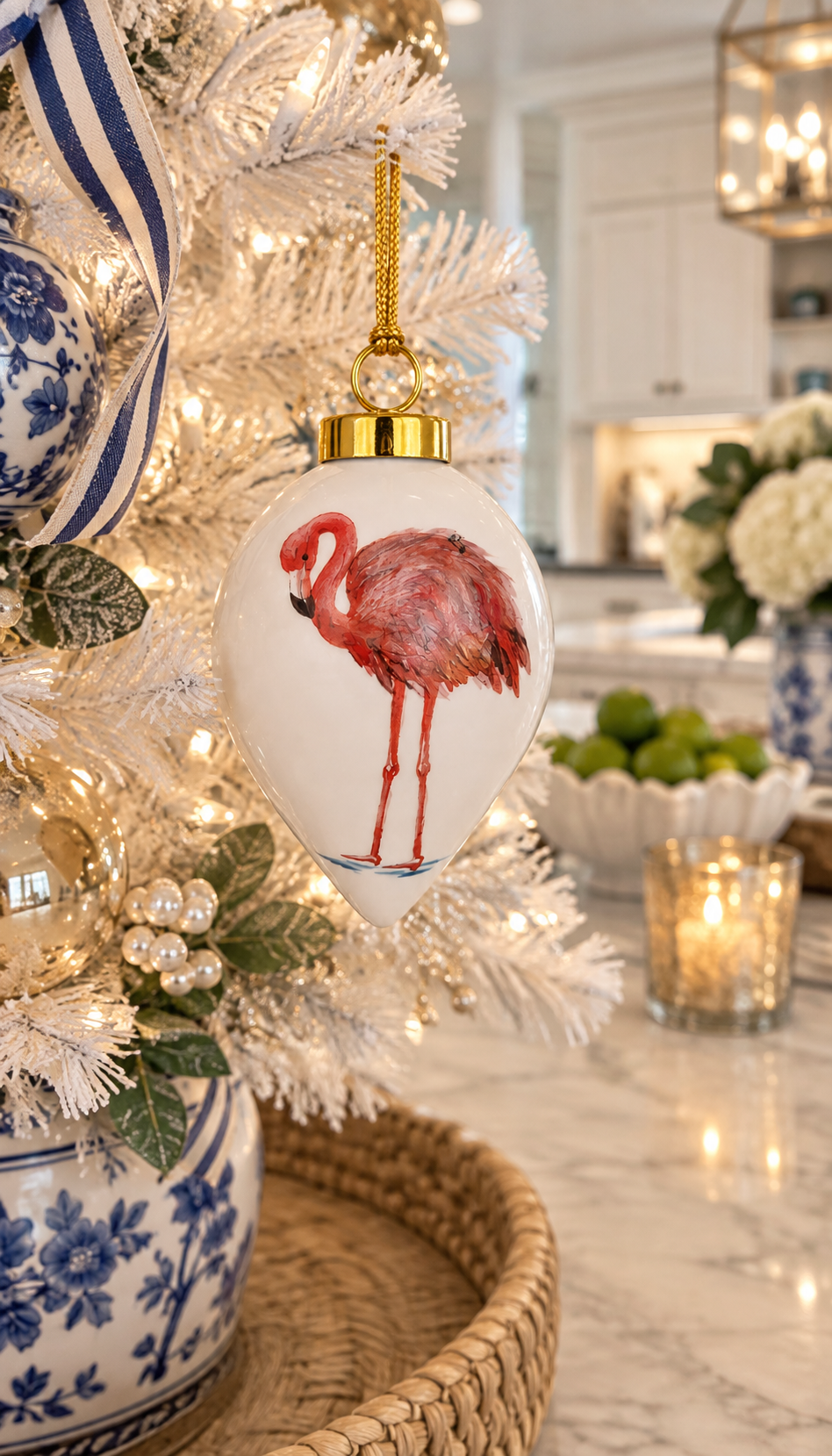 Hand-Painted Flamingo Porcelain Christmas Ornament