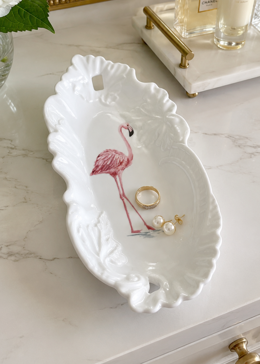 Hand Painted Flamingo Porcelain Tray Jewelry Holder
