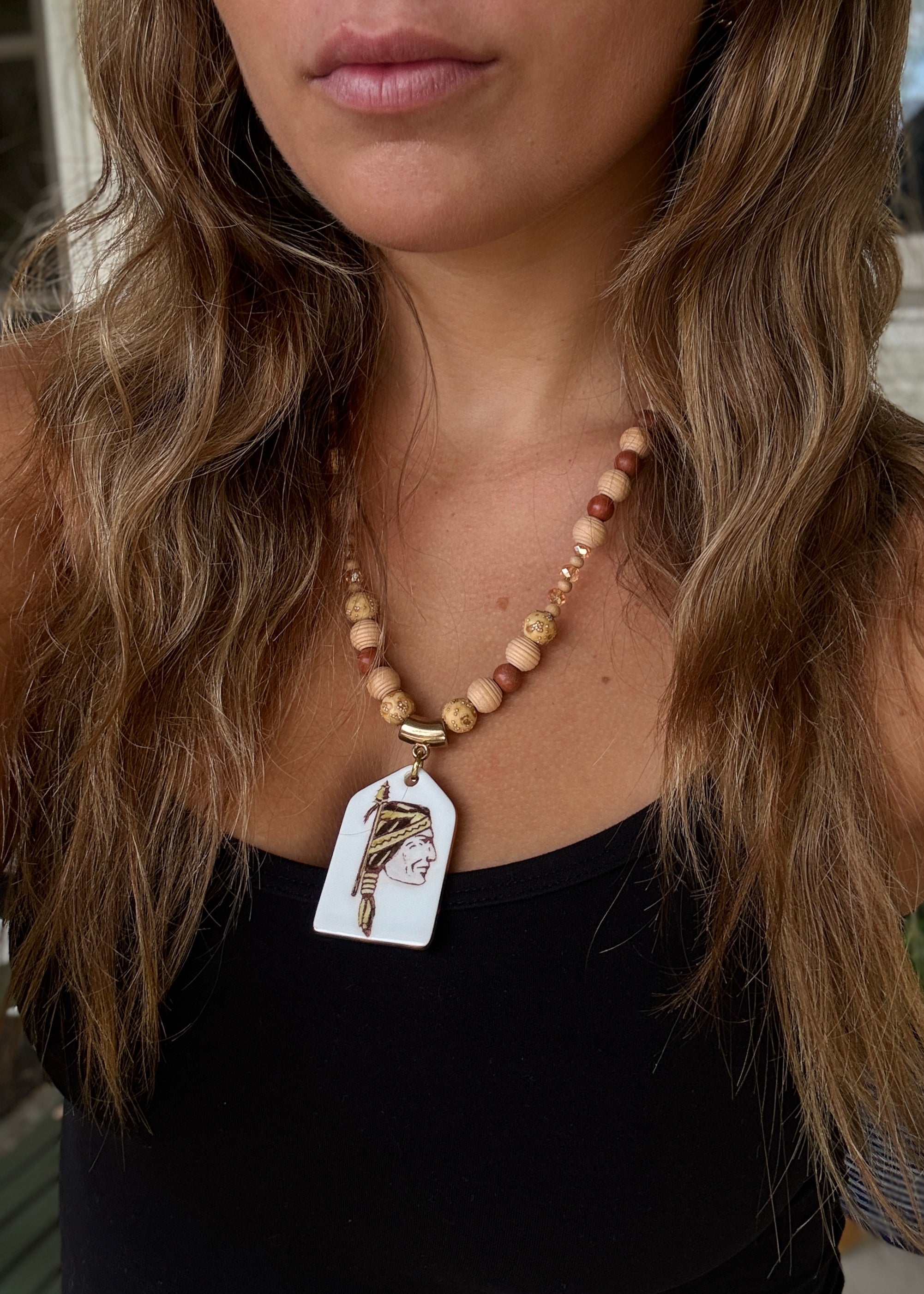 Game Day Necklace – Indian Head Mascot Jewelry in Garnet & Gold