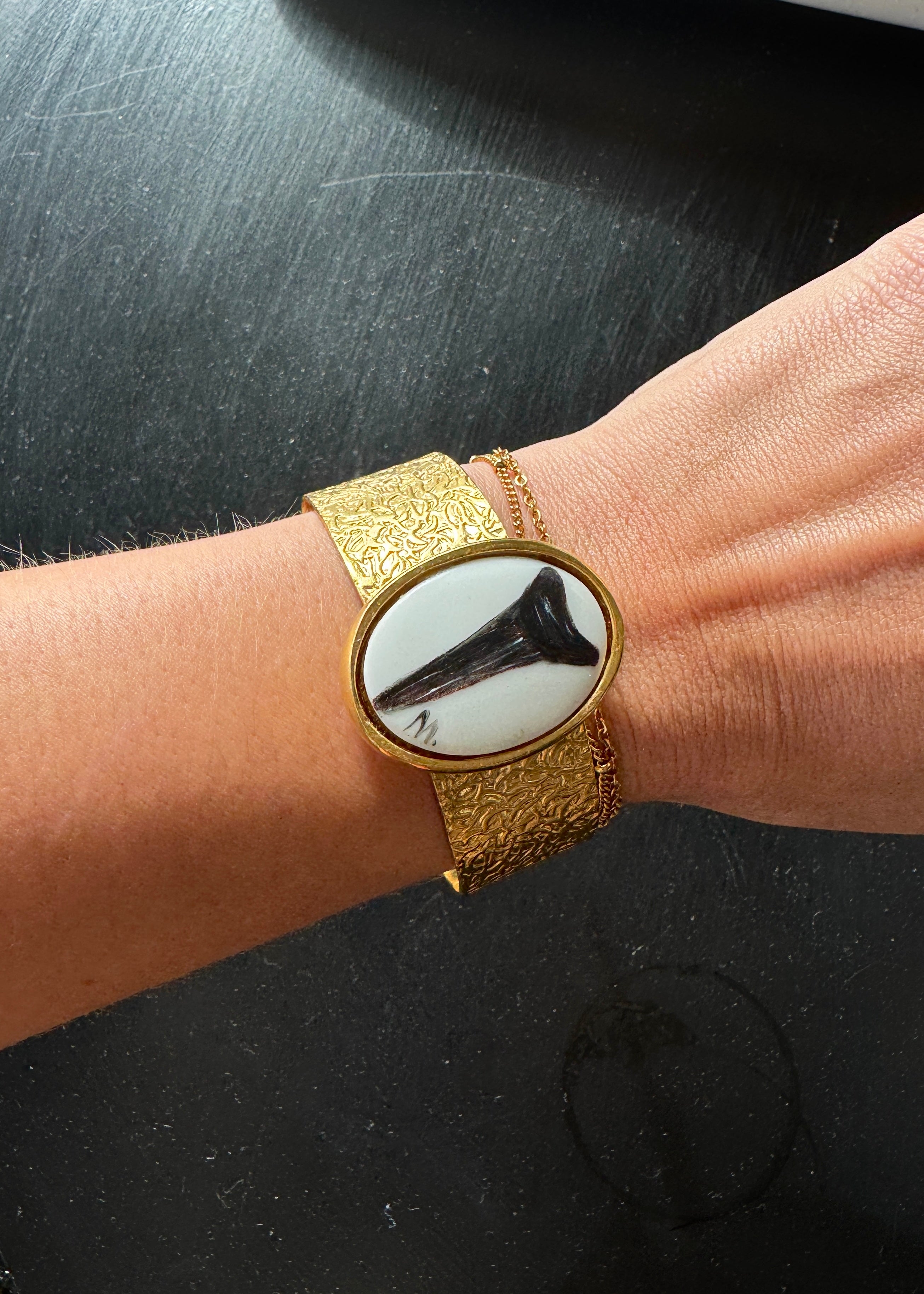 Shark Tooth Painted on a Porcelain Pendant Gold Plated Cuff Bracelet
