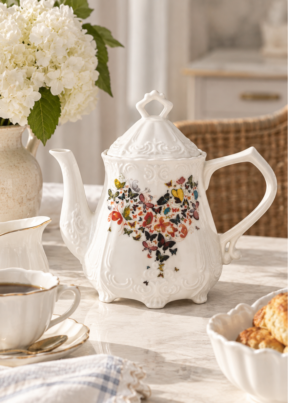 Hand Painted Butterfly Garden Porcelain Teapot – Elegant Floral Tea Server