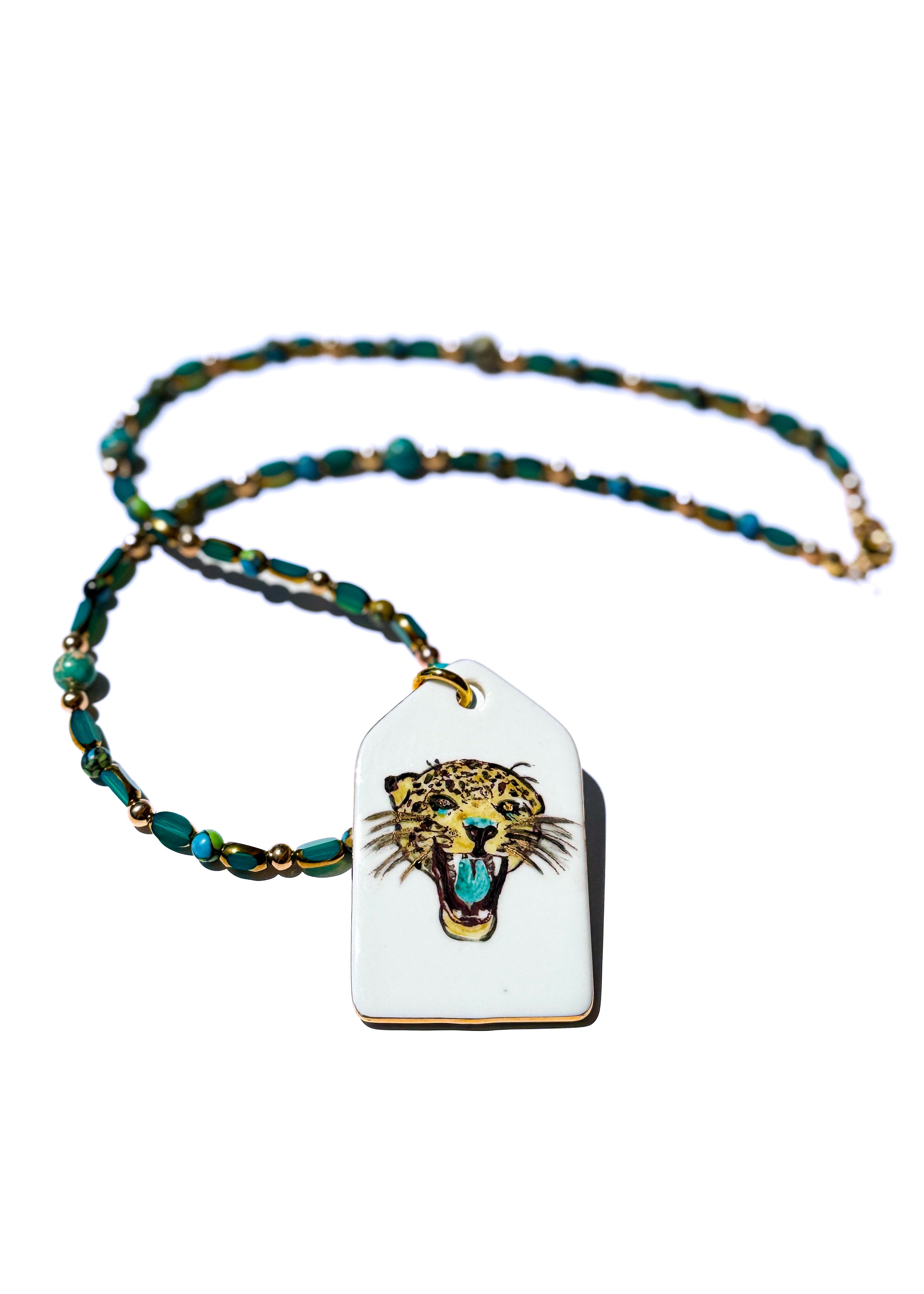 Teal Beaded Jaguar Head Necklace – Game Day Football Mascot Jewelry