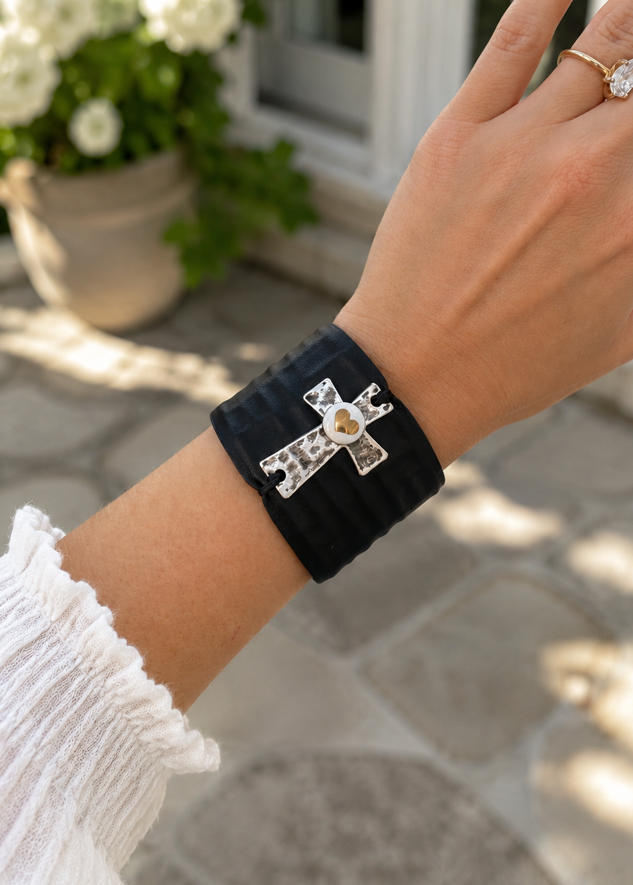 Hand Painted Leather Cross & Heart Cuff Bracelet