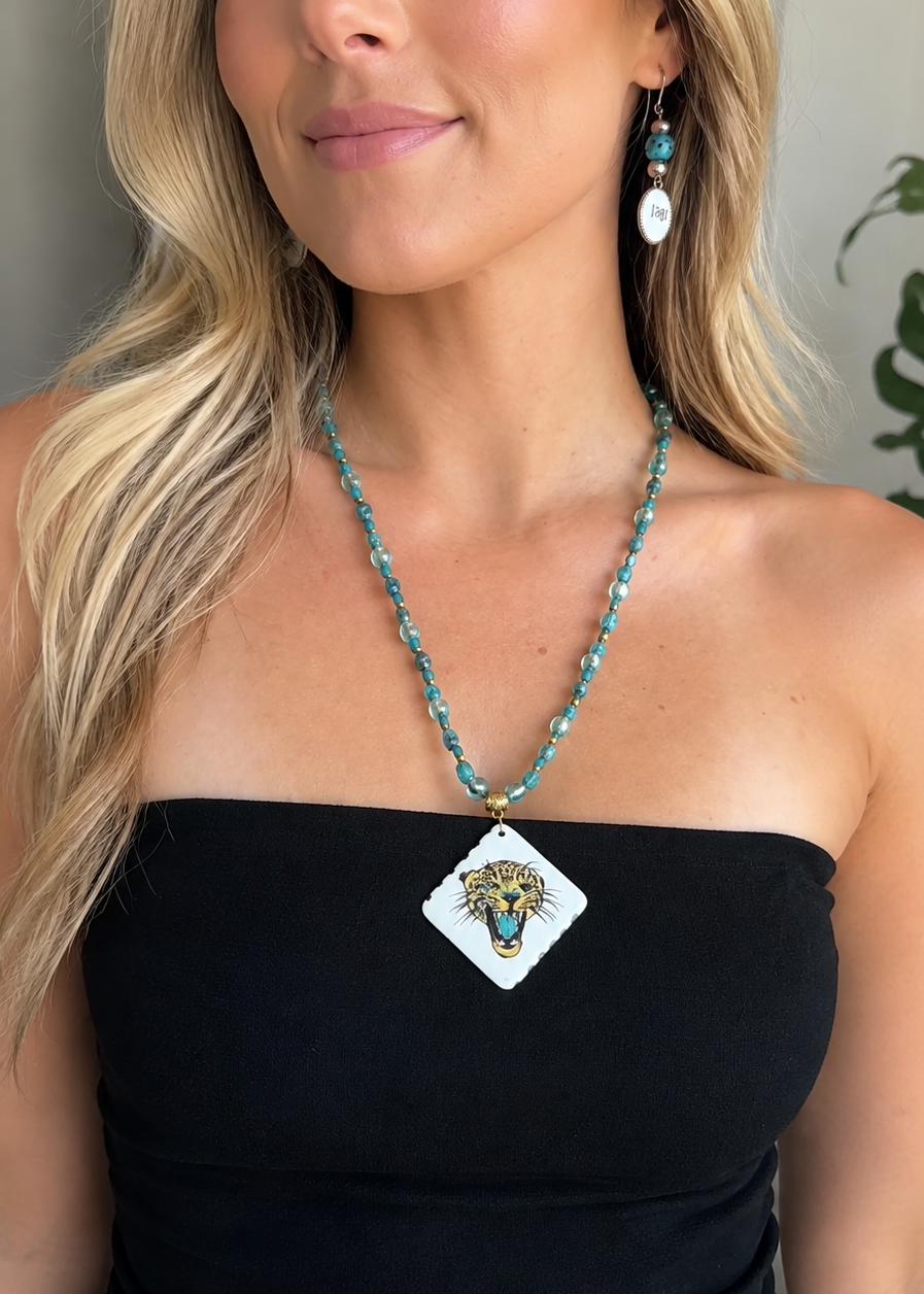 Hand-Painted Teal Beaded Jaguar Football Season Porcelain Pendant Necklace