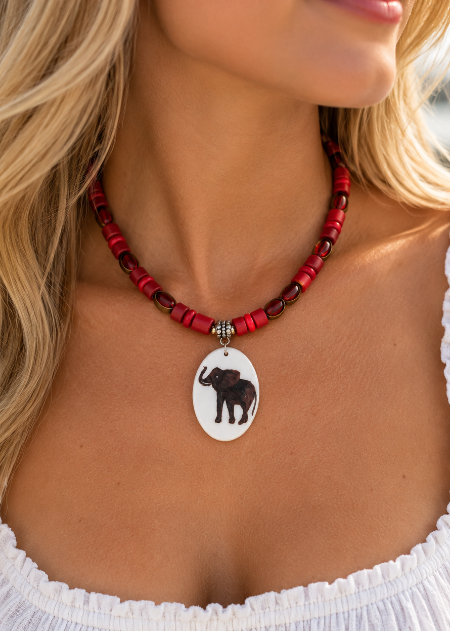 Hand Painted Porcelain Beaded Necklace Alabama Elephant Football Season