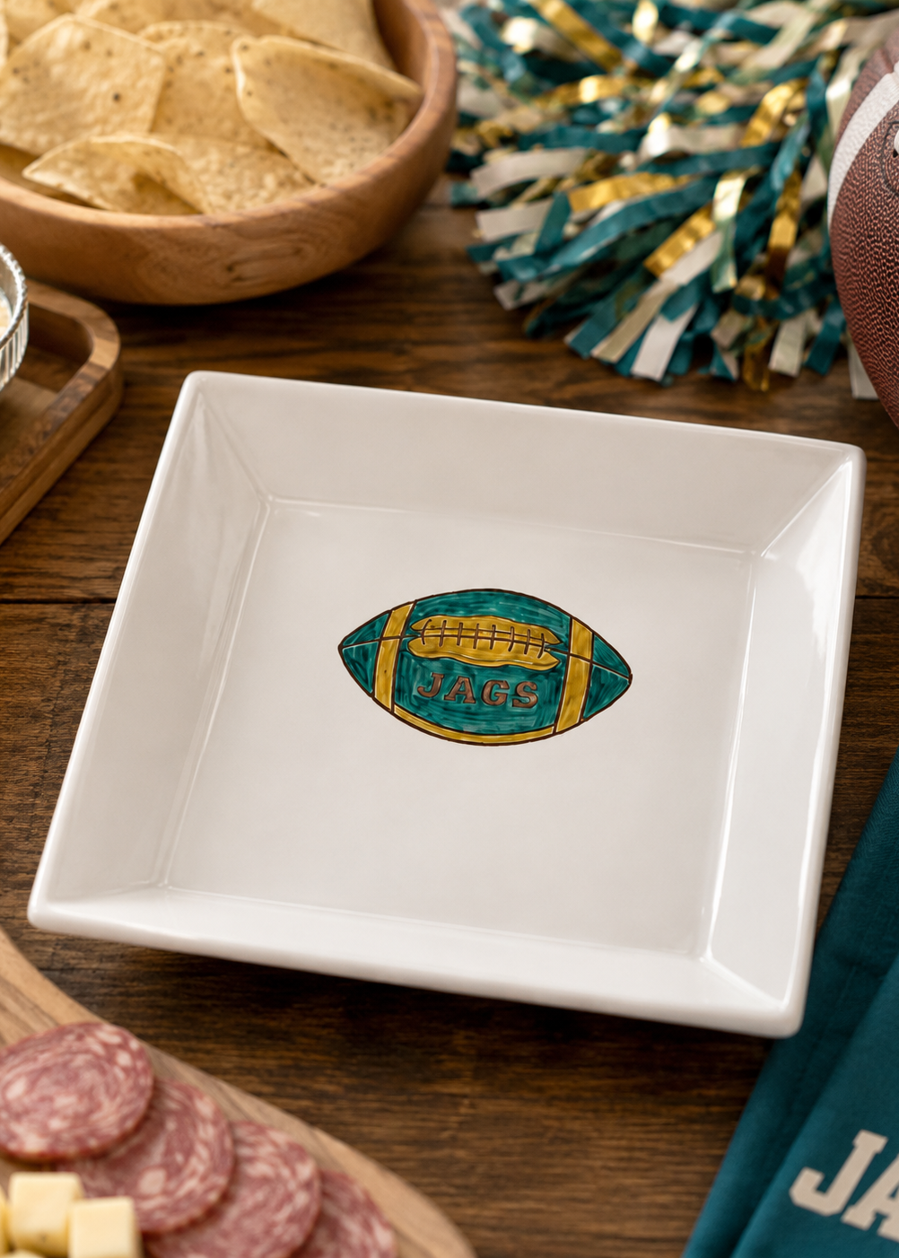 Hand-Painted Jags Football Season Square Porcelain Plate