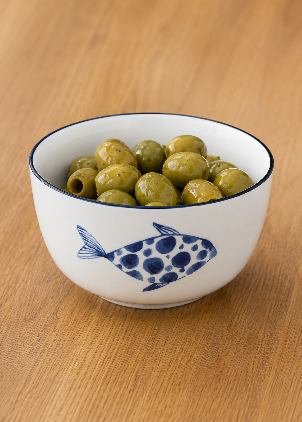 Coastal Hand Painted Blue Spotted Fish Porcelain Bowl
