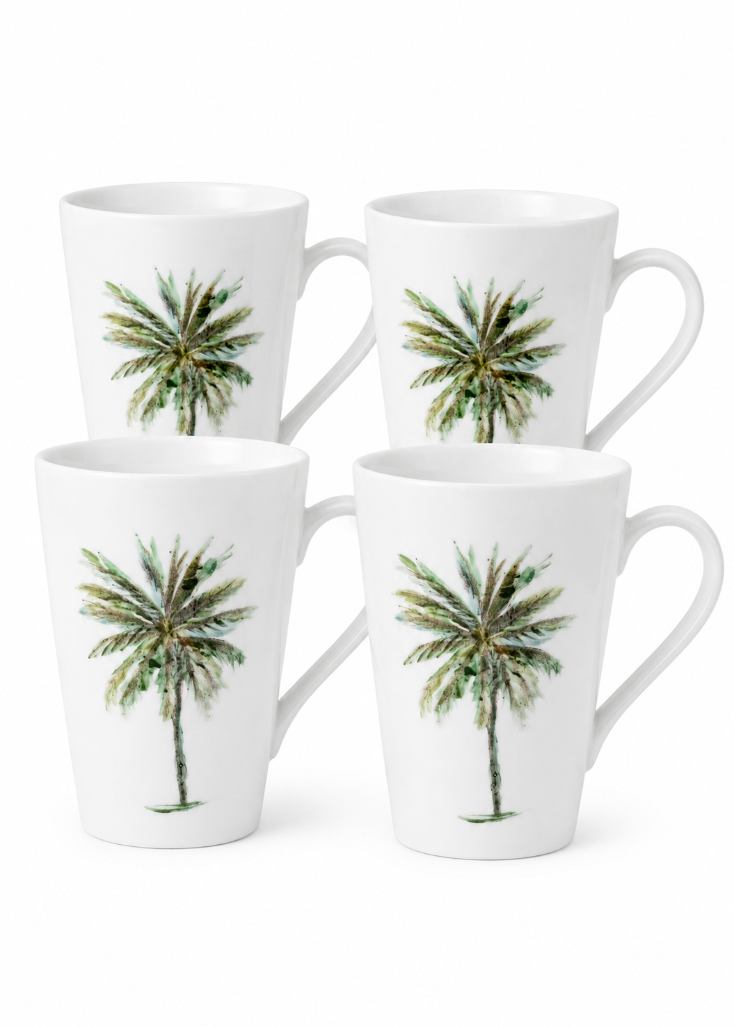 Set of 4 - Hand Painted Coastal Palm Tree Porcelain Coffee Mugs