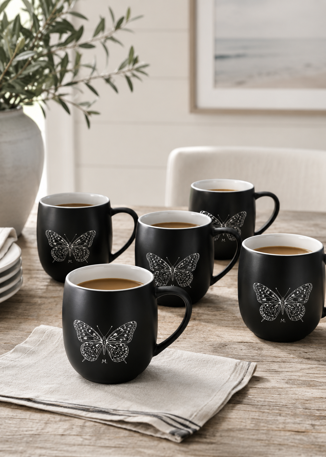 Set of 5 - Butterfly Stoneware Coffee and Tea Mugs
