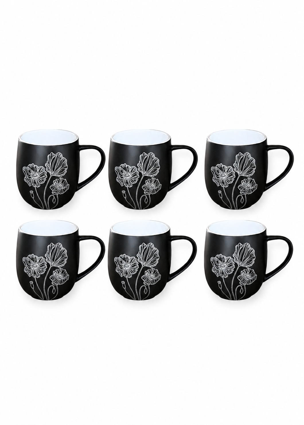 Set of 6 - Floral Poppy Stoneware Coffee Mug Set