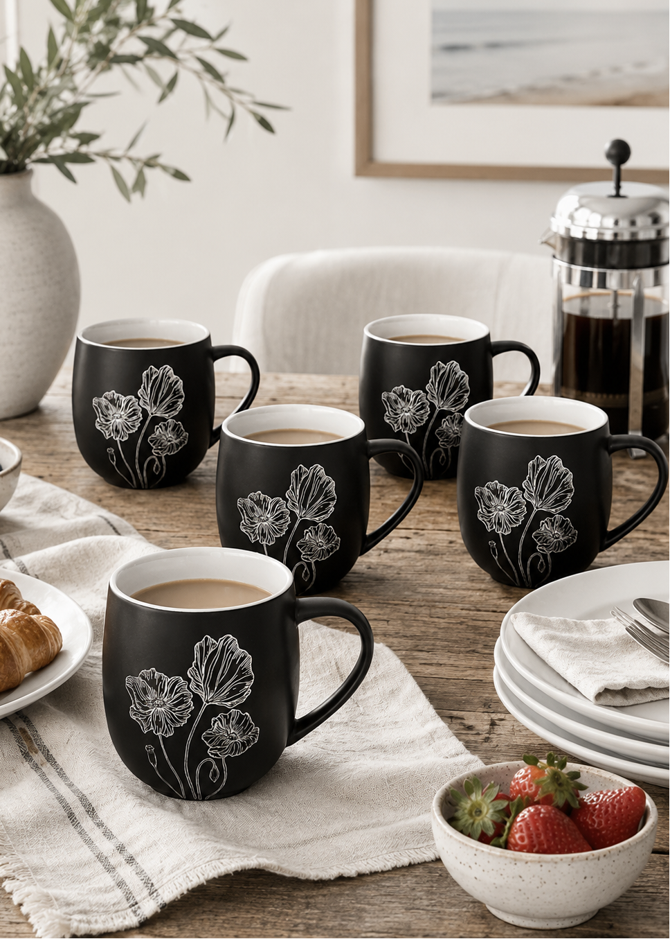 Set of 6 - Floral Poppy Stoneware Coffee Mug Set