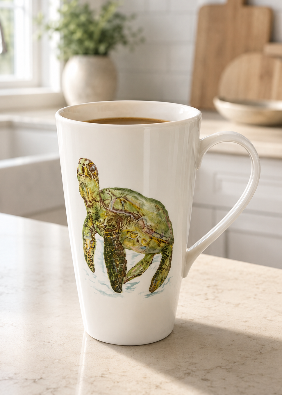 Coastal Green Sea Turtle Porcelain Latte Coffee Mug
