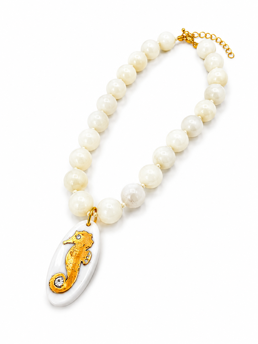 Coastal Gold Shrimp Porcelain Bold Beaded Pendant Necklace