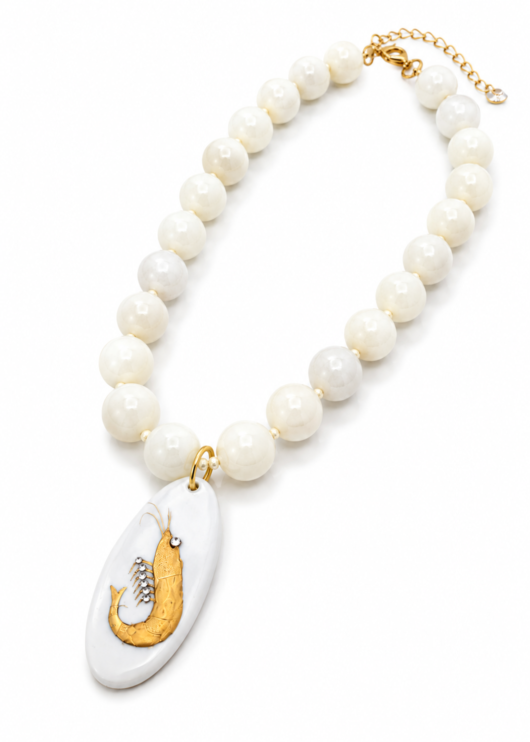 Coastal Golden Shrimp Porcelain Pendant Necklace