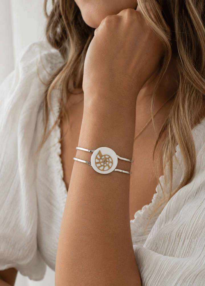 Coastal Gold Seashell Silver Adjustable Cuff Bracelet