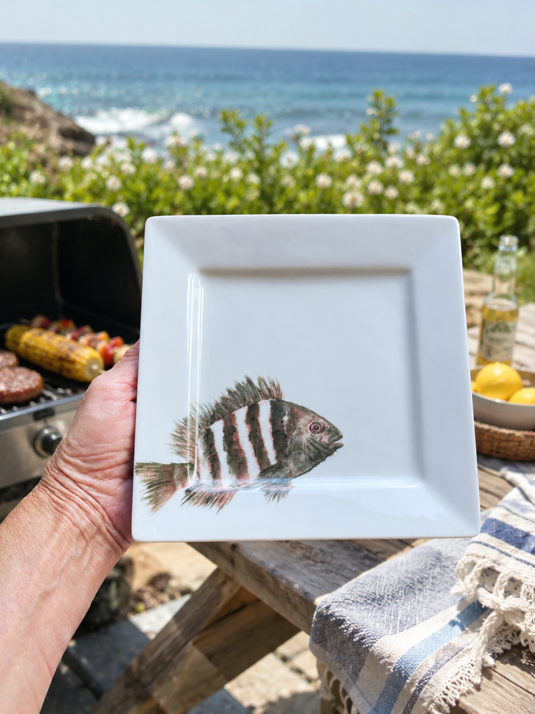 Hand-Painted Coastal Fish Porcelain Square Plate