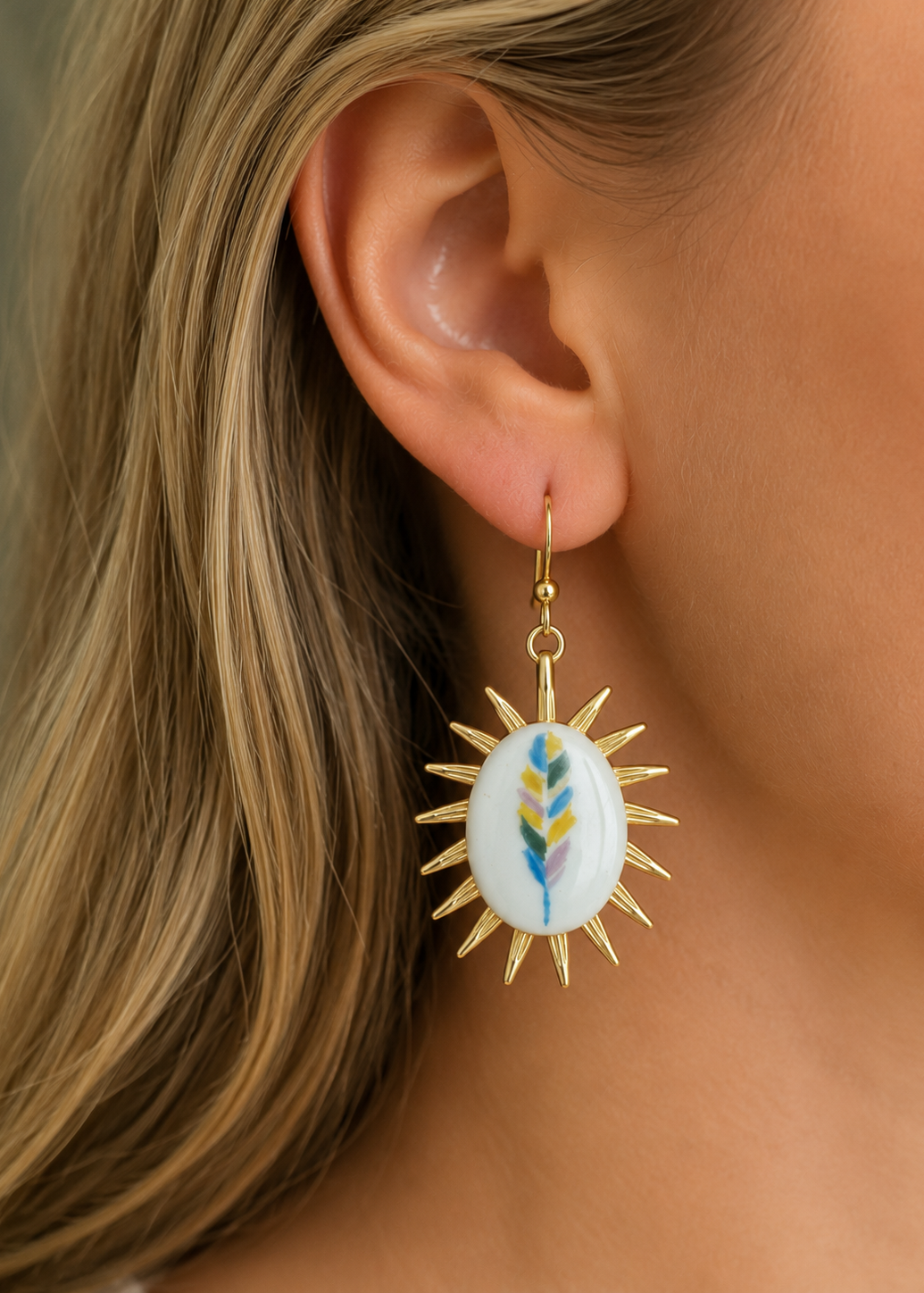 Feather Sunburst Porcelain Earrings