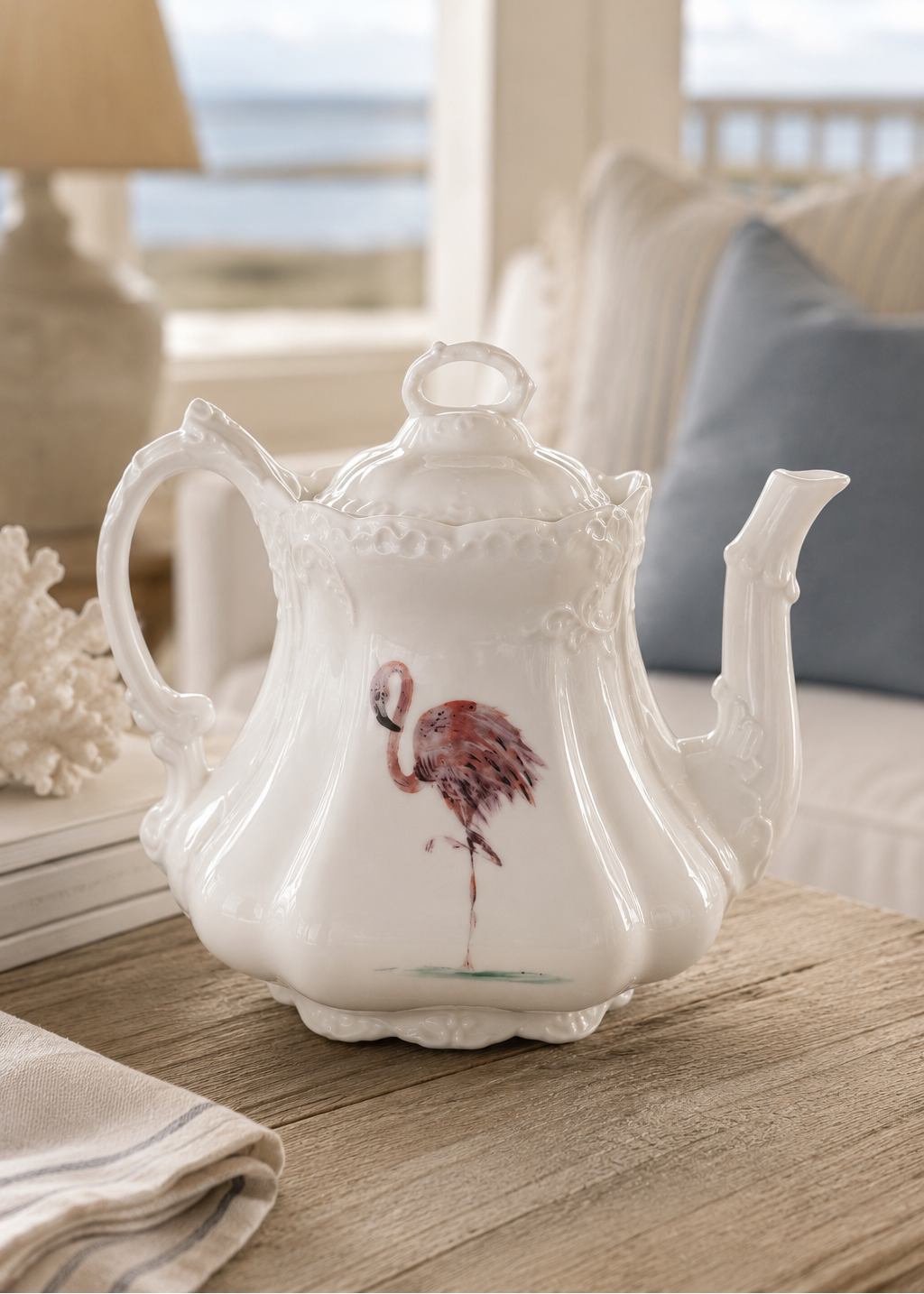 Hand-Painted Flamingo Porcelain Teapot Pitcher
