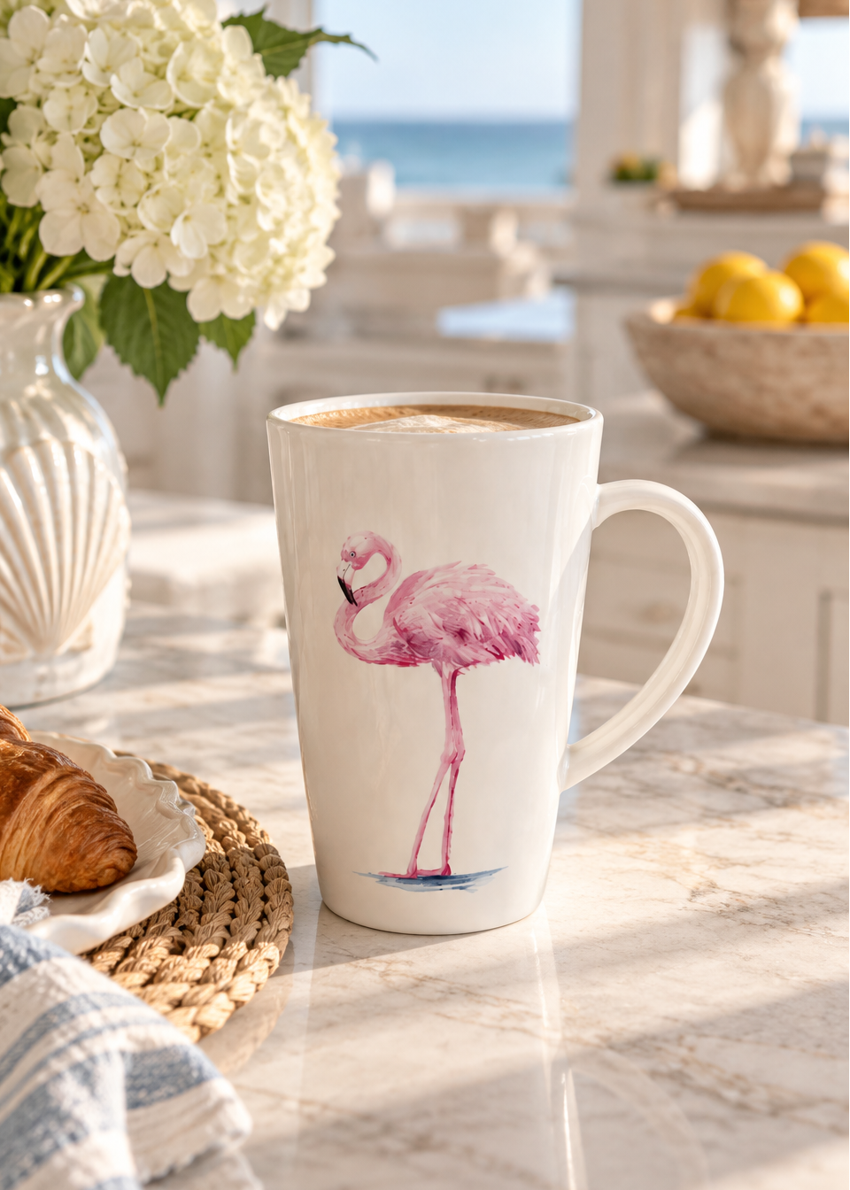Hand-Painted Coastal Pink Flamingo Porcelain Latte Mug