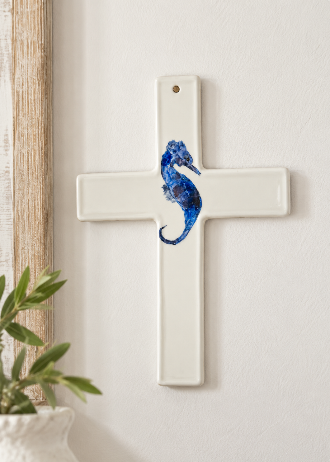 Hand-Painted Coastal Blue Seahorse Cross Tabletop Anchor