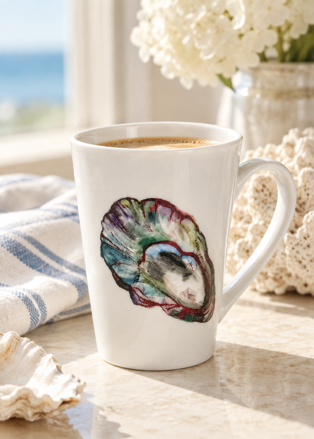 Hand Painted Coastal Oyster Shell Porcelain Coffee Mug