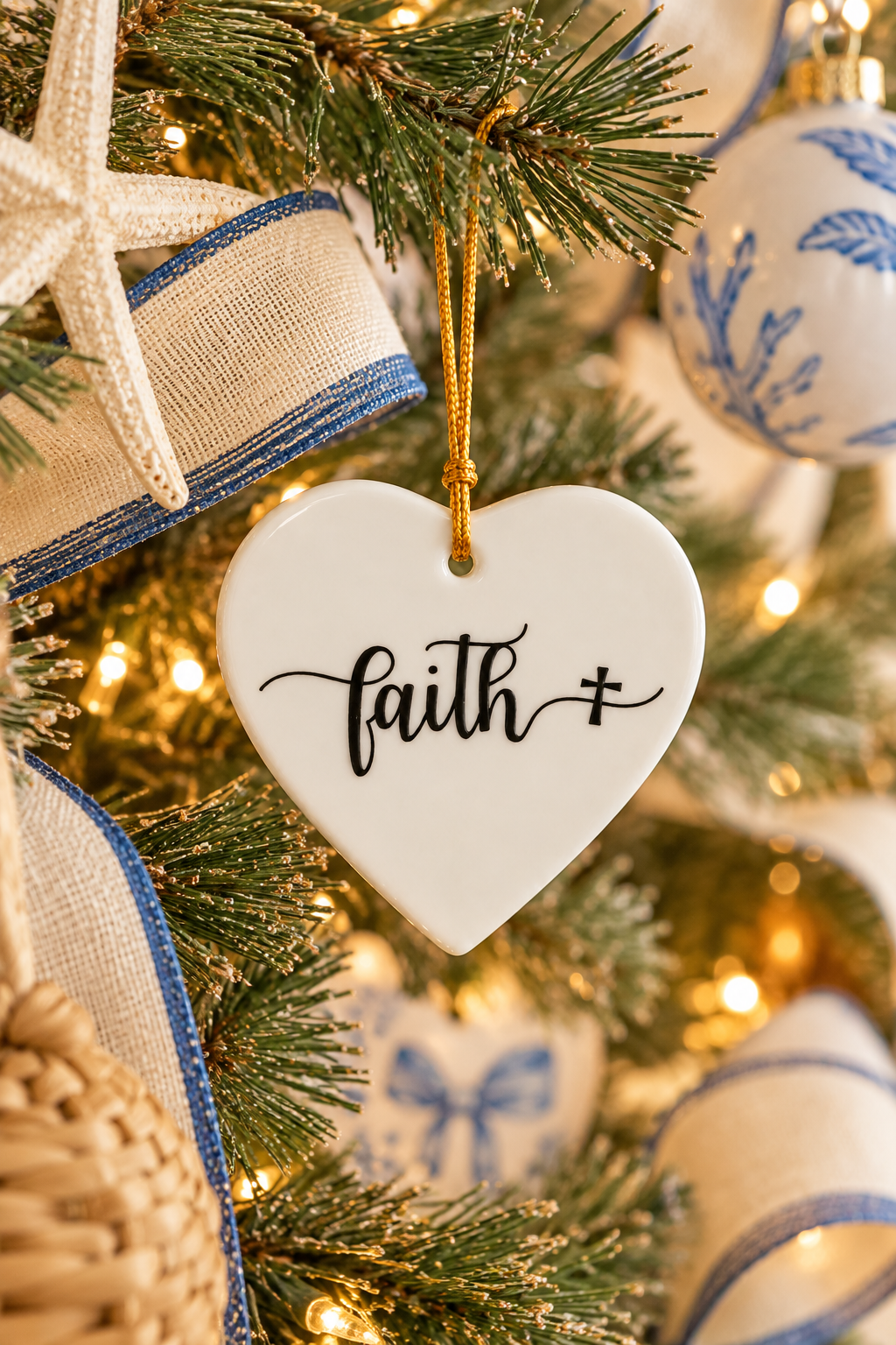 White porcelain heart ornament hand-painted with the word Faith in black script and a cross, alternate view