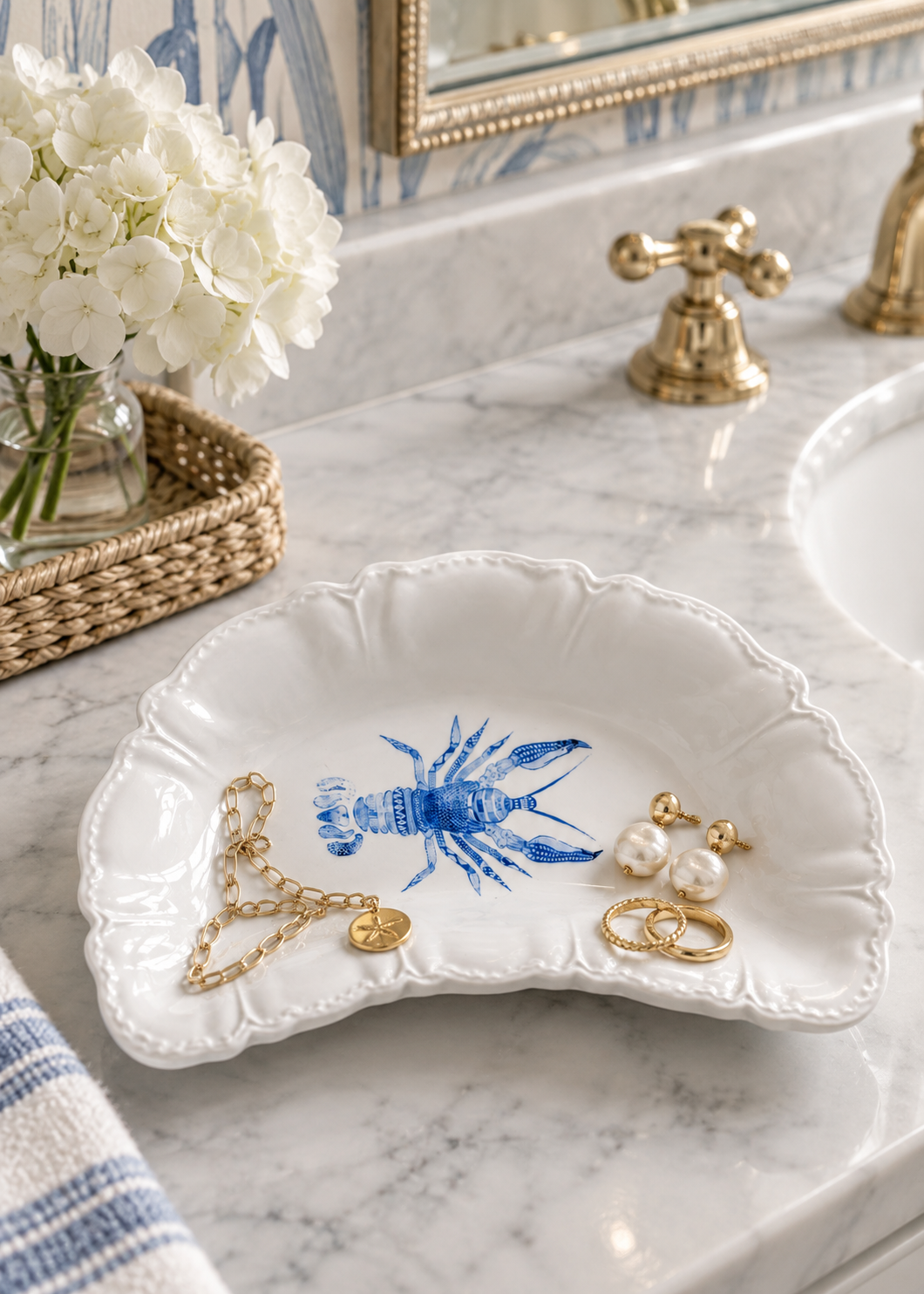 Hand Painted Coastal Blue Lobster Porcelain Scalloped Decor Tray