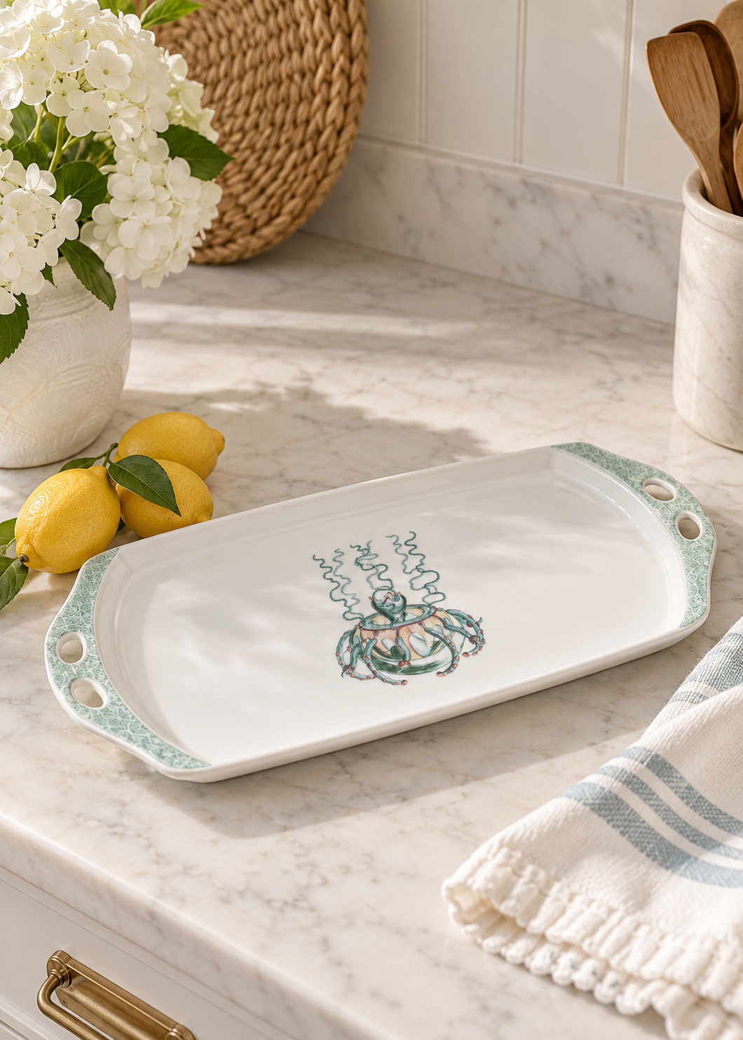 Hand Painted Coastal Octopus Porcelain Serving Platter – Nautical Entertaining Tray