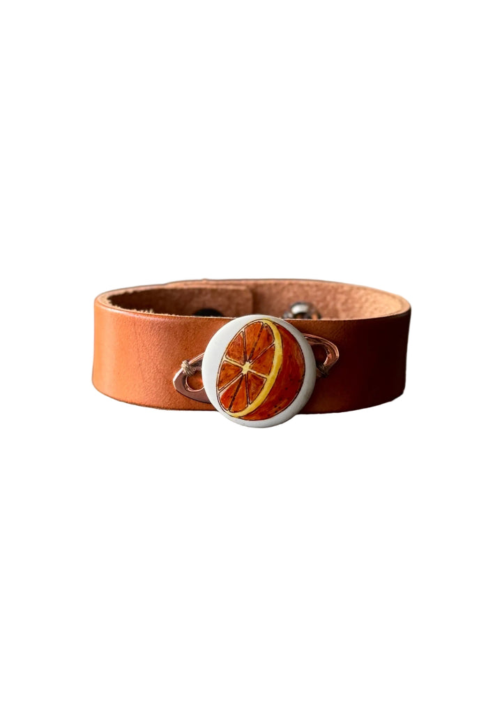 Orange Slice Porcelain Pendant Leather Wrap Bracelet