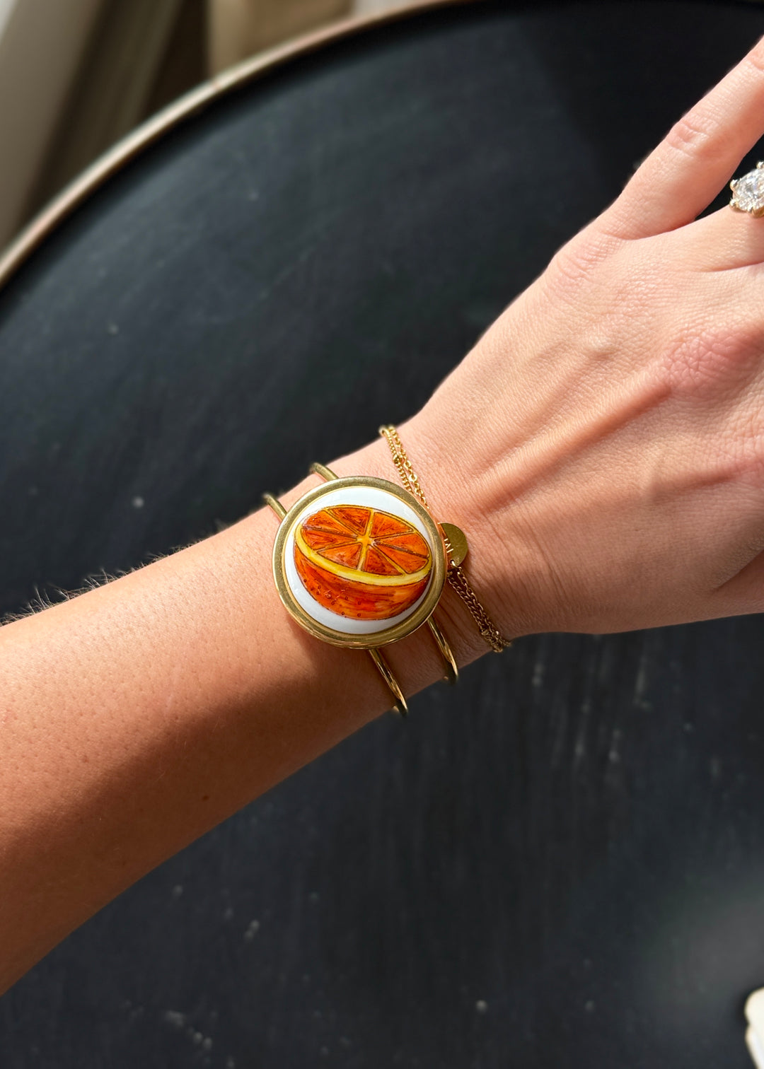 Hand-Painted Orange Slice Porcelain Pendant Gold Cuff Bracelet